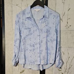 Pink Rose Blue Button Down Shirt with Notched Collar and Long Sleeves